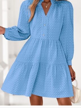 Light Blue Textured Tiered Long-Sleeve Dress